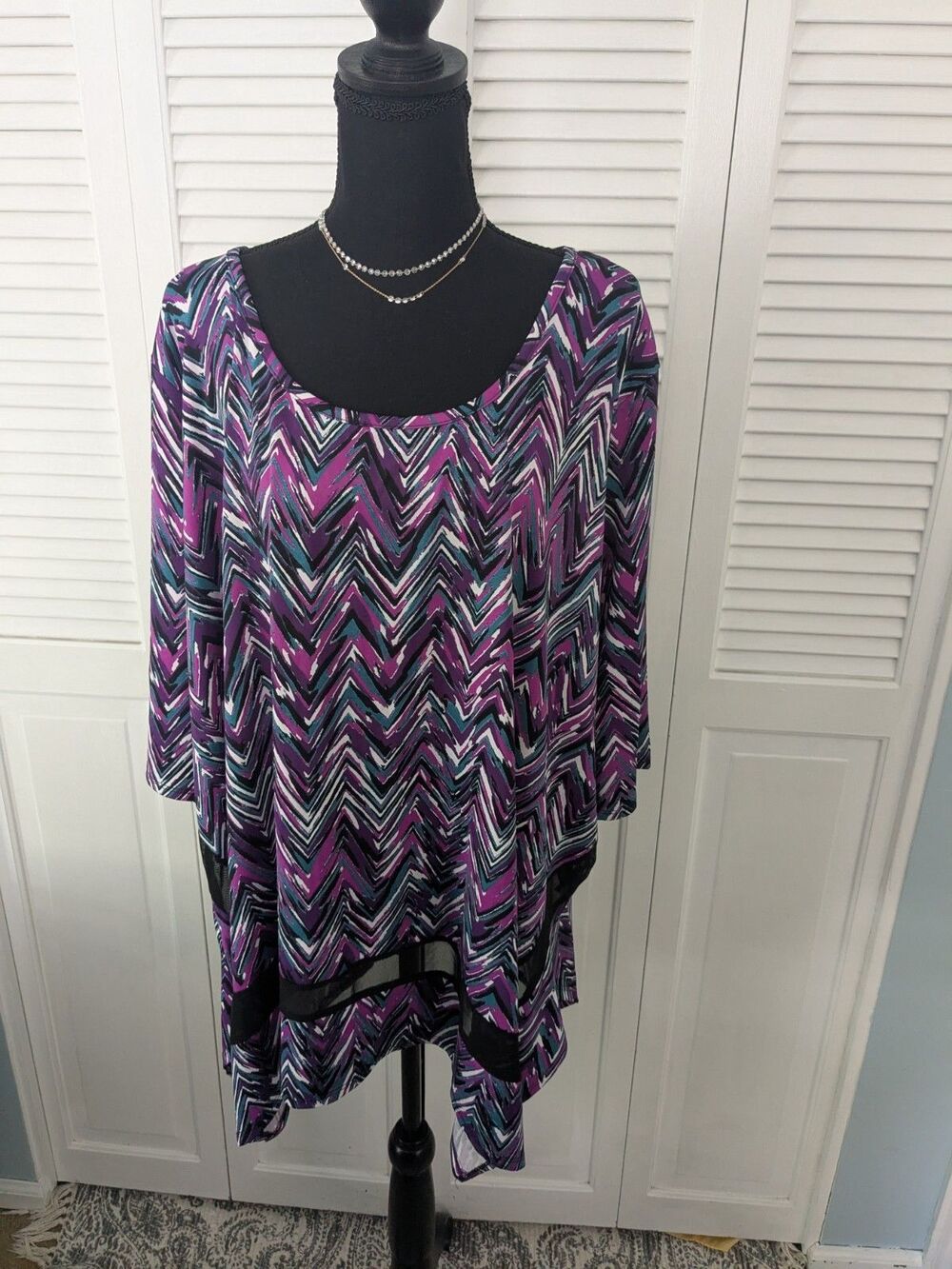 Anthony Richards Top Women 3X Blouse Tunic Black Purple Stretch Mesh Art Chevron